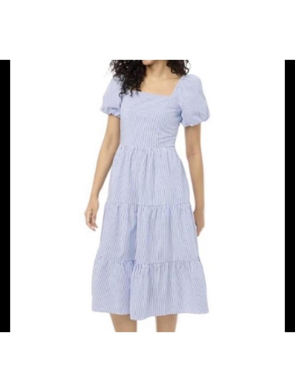 J Crew Factory Blue/White Stripe Puff Sleeve Tiered Midi Dress Smocked Back SZ 4